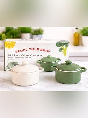NEW in Box - Round Ceramic Cocotte Set - Green & White